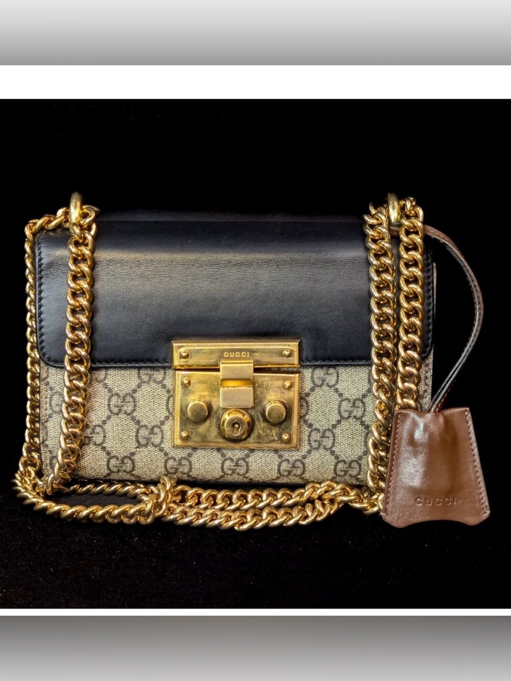 Authentic Gucci Padlock Small GG Supreme Monogram Shoulder Bag Black Leather